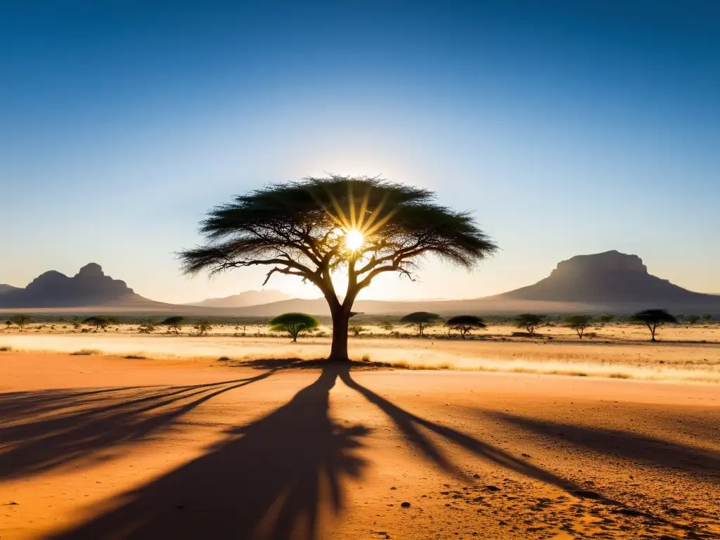 Diversificación económica en África: Un paisaje africano árido y vasto, con una acacia solitaria bajo un cielo azul brillante y montañas distantes