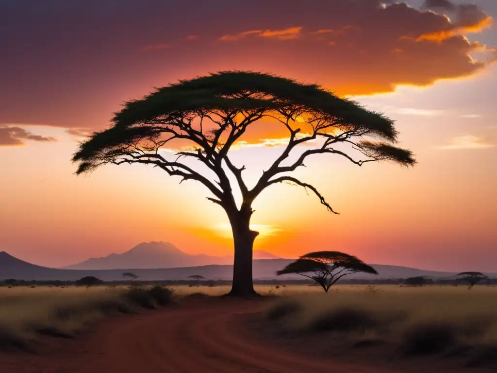 Diversificación económica en África: Solitaria acacia en la vasta sabana africana al atardecer, con cielos anaranjados y rosados