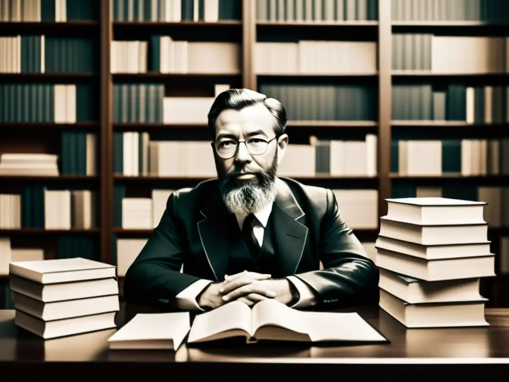 Retrato en blanco y negro de Carl Menger inmerso en pensamientos Carl Menger, economista, reflexiona en su estudio, rodeado de libros, en una ilustración digital en blanco y negro