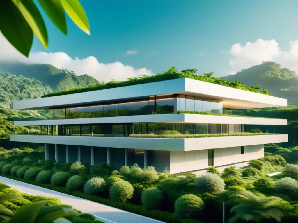 Edificio futurista rodeado de naturaleza, reflejando armonía y sostenibilidad, ideal para DAO como alternativa a instituciones