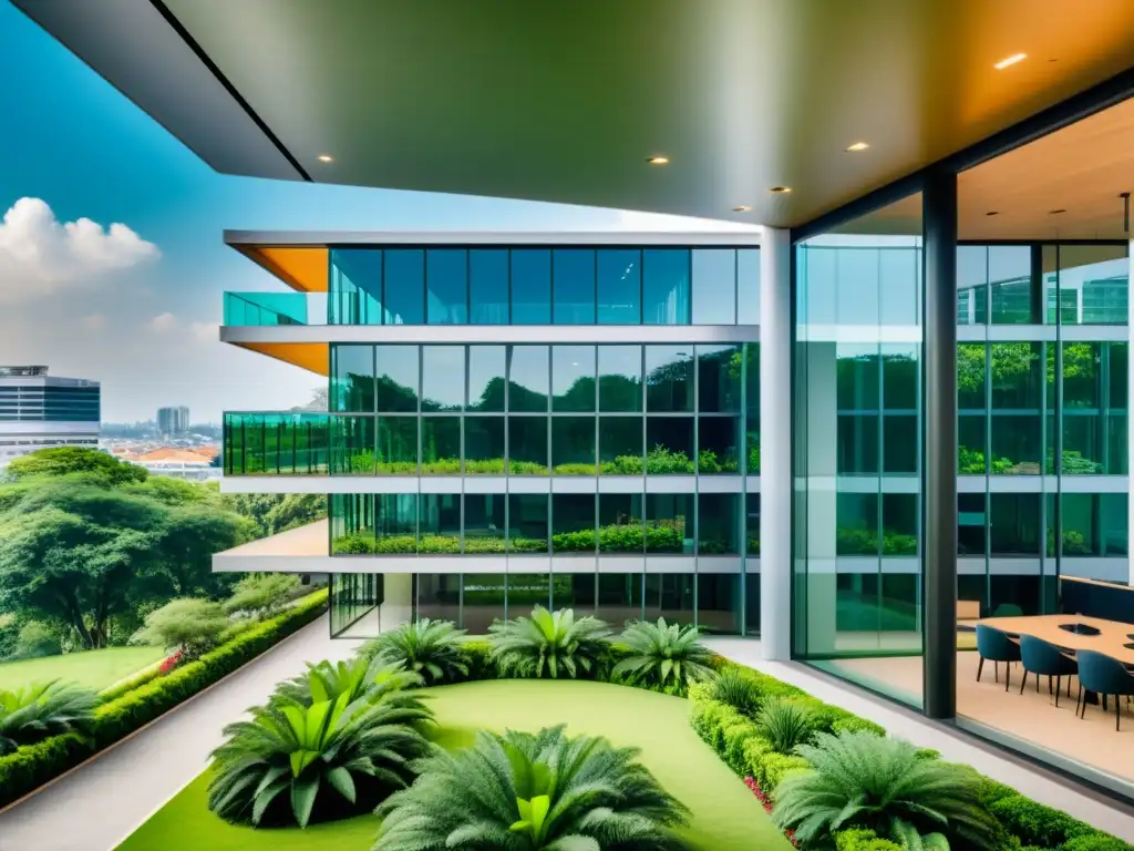 Edificio de oficinas moderno en una ciudad africana, reflejando innovación empresarial Escuela Austriaca en simbiosis con la belleza natural de África