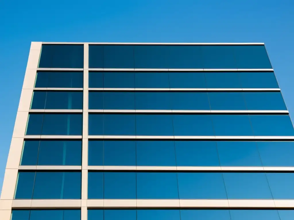 Edificio moderno de vidrio con reflejos urbanos Edificio de oficinas moderno con paredes de cristal, reflejando la bulliciosa ciudad