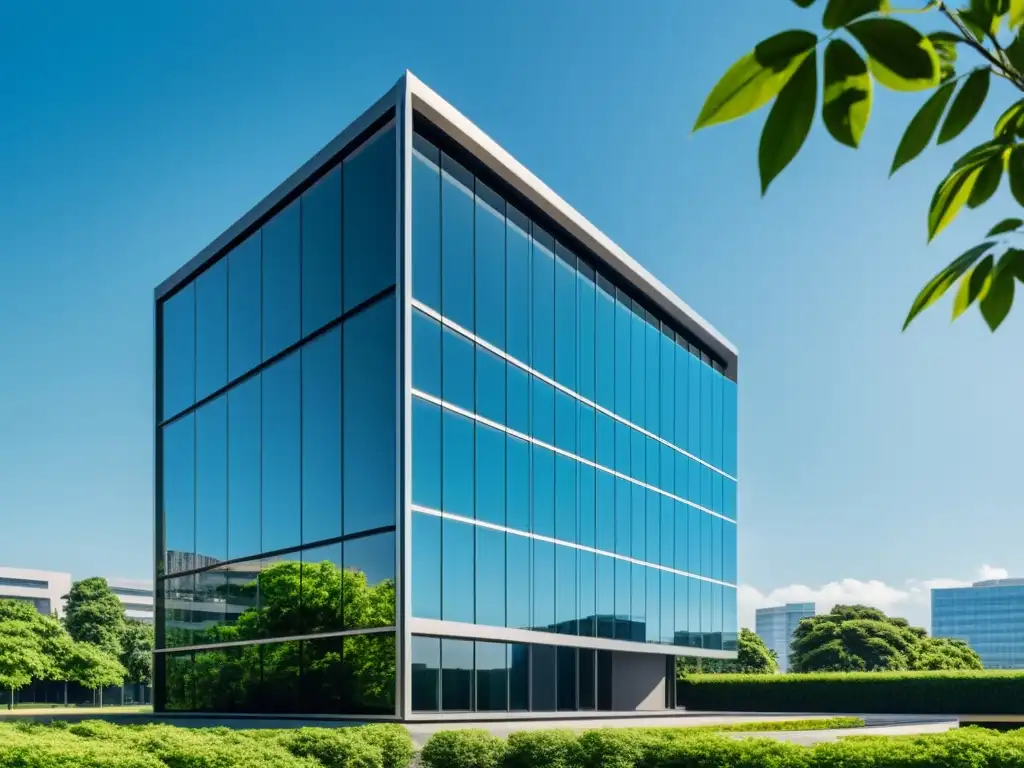 Edificio de oficinas moderno rodeado de vegetación, reflejando la ciudad en su fachada de cristal