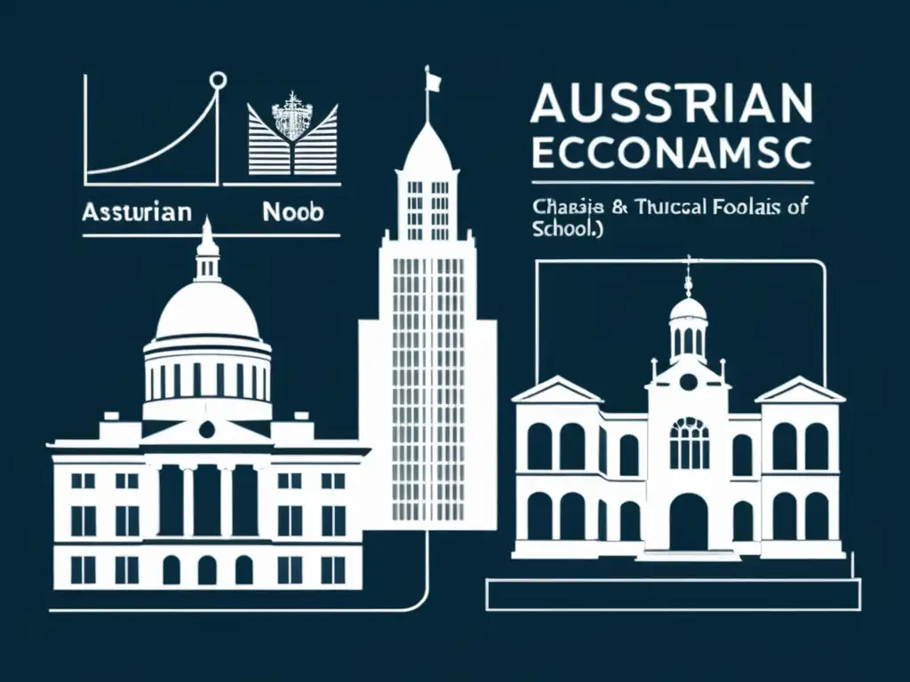 Dos edificios clásicos rodeados de gráficos económicos detallados, simbolizando las diferencias entre Escuela Austriaca y Chicago