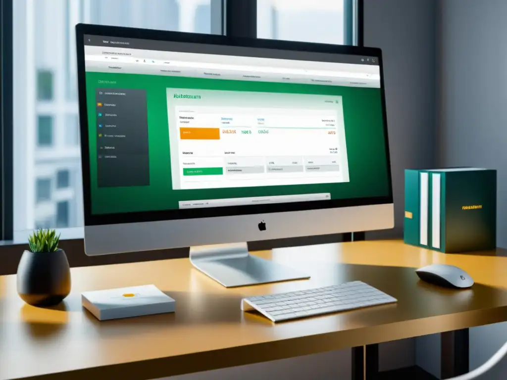 Una elegante configuración de escritorio con software de gestión financiera austriaco en pantalla