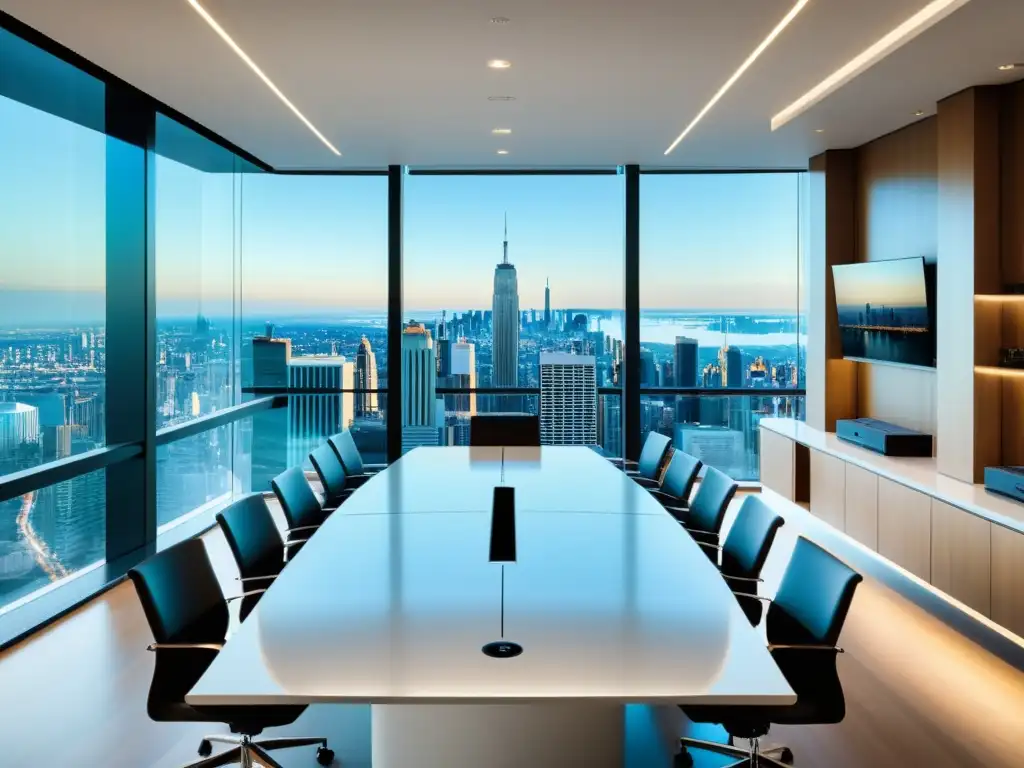 Sala de conferencias moderna con vista a la ciudad Un elegante salón de conferencias con decoración minimalista y tecnología de vanguardia