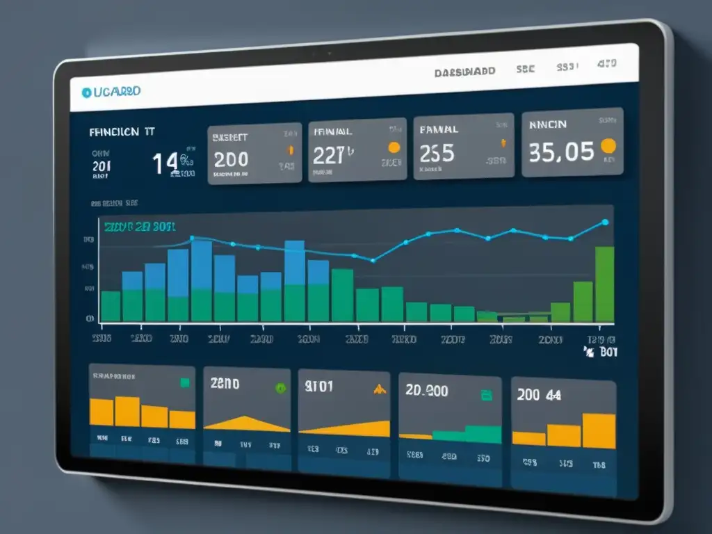 Un elegante software de gestión para decisiones financieras con un panel futurista y detallado de gráficos e información financiera en pantalla de alta resolución