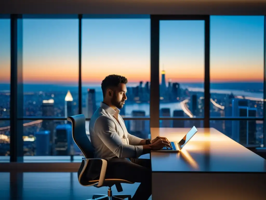 Un emprendedor moderno reflexiona en su impecable oficina, con una vista panorámica de la ciudad