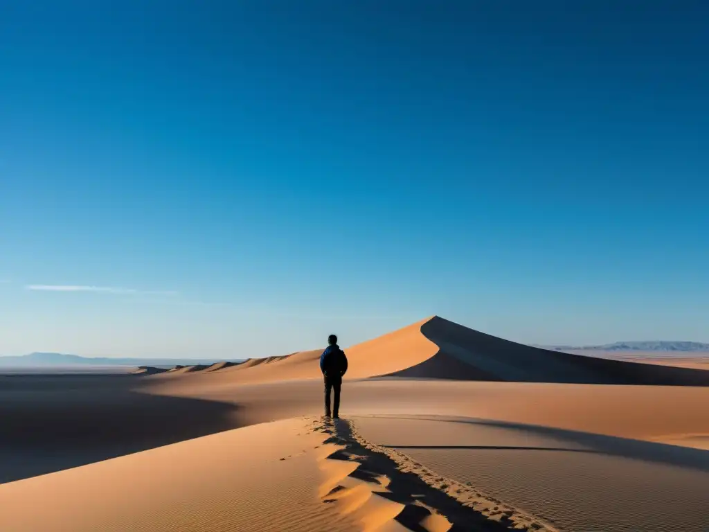 Un emprendedor solitario enfrenta el desierto con determinación bajo el cielo azul brillante