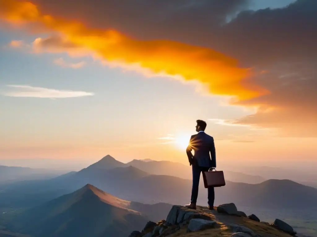 Un empresario en la cima de la montaña al atardecer, simbolizando los principios austriacos para el éxito empresarial