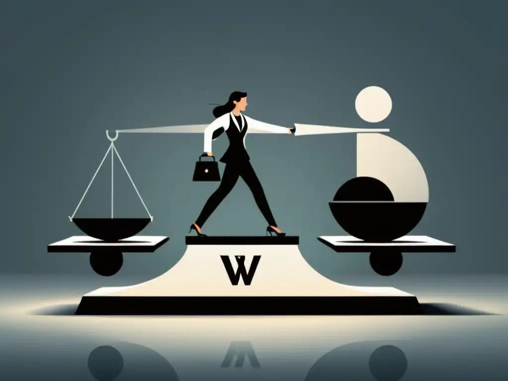 Equilibrio de Utilidad Marginal y Valoración de Empresas Un empresario equilibra pesos en una balanza, en una ilustración minimalista en escala de grises