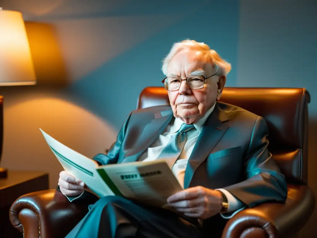 Warren Buffet reflexiona sobre el enfoque austriaco de suscripción de seguros, rodeado de documentos vintage y la sutil bandera austriaca