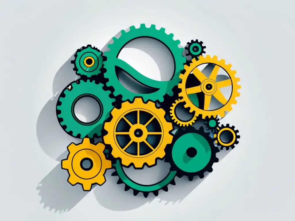 Principios económicos austriacos: interconexión eficiente Interconexión de engranajes con principios del éxito económico en ilustración minimalista sobre fondo blanco