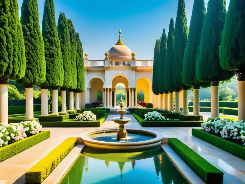 Entrada majestuosa de una finca con jardín exuberante y fuente, exudando opulencia y elegancia atemporal