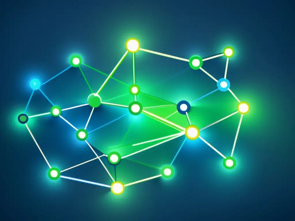 Un entramado elegante de nodos y líneas en tonos azules y verdes, simbolizando la descentralización como arma contra recesión
