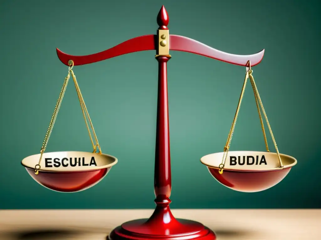 Equilibrio entre Escuela Austriaca y Deuda Pública Equilibrio delicado en la balanza entre 'Escuela Austriaca' y 'Deuda Pública', simbolizando soluciones de deuda pública