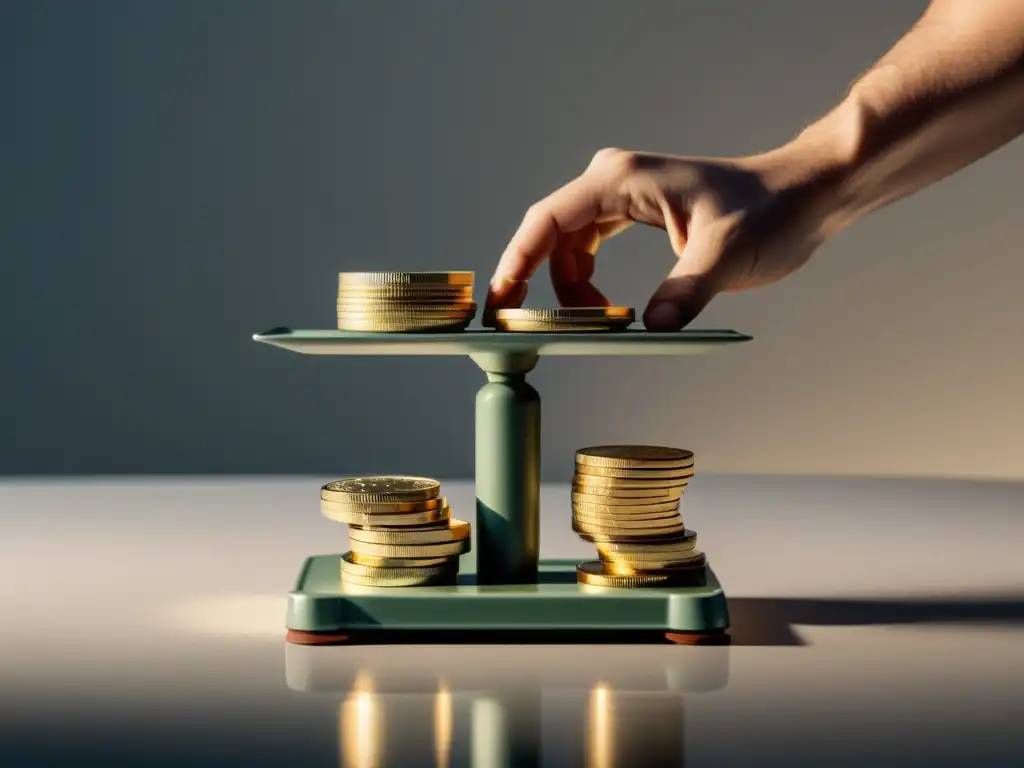 Equilibrio económico con monedas en balanza, reflejando la flexibilidad monetaria desde la perspectiva austriaca