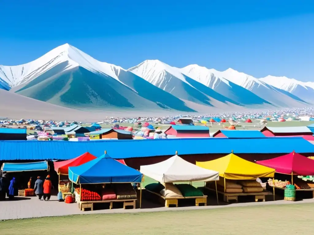 Escena animada en un mercado de Ulaanbaatar, Mongolia, con pequeños empresarios vendiendo bajo coloridos paraguas, rodeados por montañas nevadas