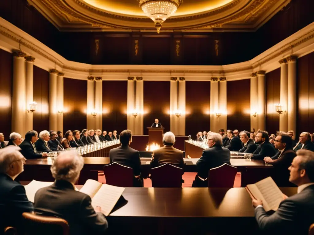 Escena dramática en la Escuela Austriaca: intelectuales debaten apasionadamente en un majestuoso salón iluminado por candelabros