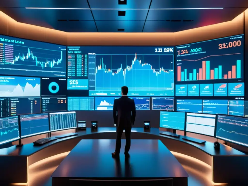 Escena futurista en piso de trading financiero con tecnología de vanguardia y traders discutiendo, iluminados por datos holográficos