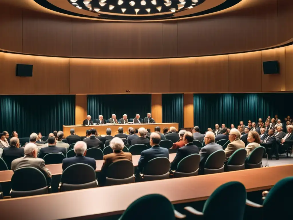 Escena sepia de Hayek y Friedman debatiendo en un auditorio, rodeados de economistas