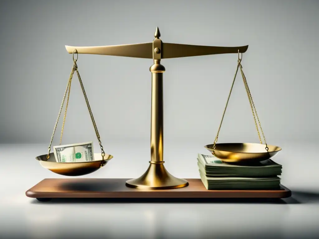 Desigualdad económica ilustrada: dinero vs vacío Escena minimalista: una balanza con dinero apilado de un lado y vacío del otro, simbolizando la desigualdad económica desde la perspectiva austriaca