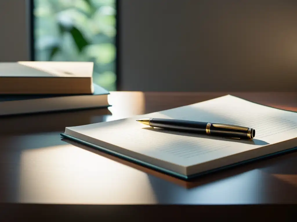 Una escena minimalista de una elegante oficina con una pluma fuente reposando sobre libros