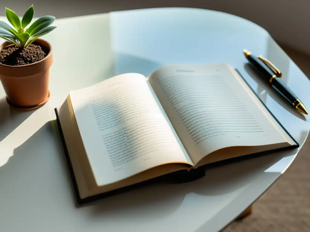 Una escena minimalista de un libro abierto de 'La Acción Humana' de Ludwig von Mises, rodeado de gafas, pluma y planta, iluminado por luz natural