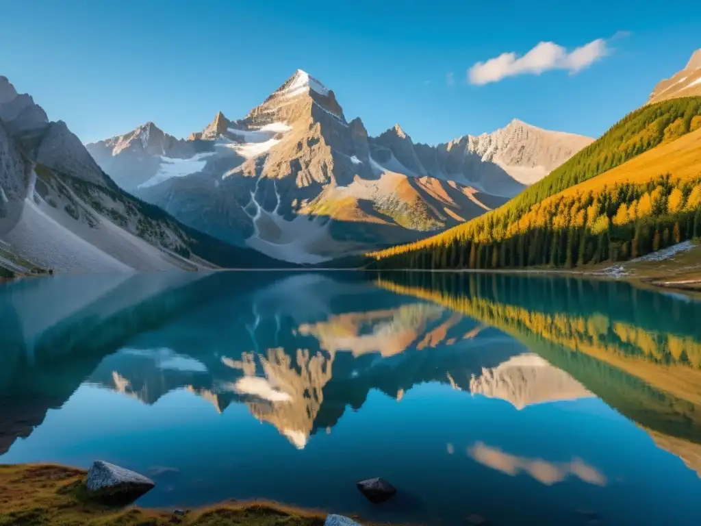 Escena montañosa serena con lago alpino y picos áridos