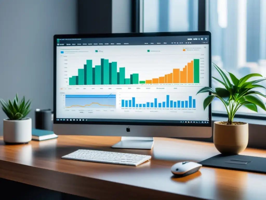 Escritorio minimalista con monitor de bolsa, plantas y aplicación principios Mises invertir bolsa, bañado en luz natural