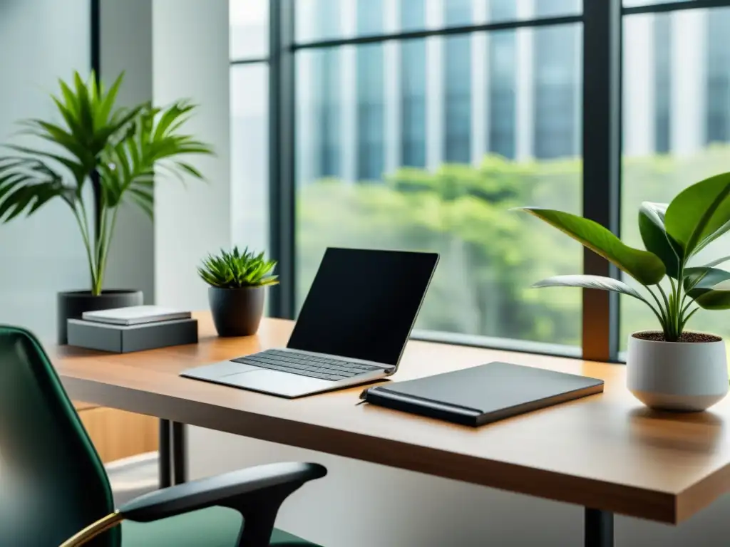 Un escritorio moderno con una computadora, libreta y bolígrafo ordenados cerca de una ventana con luz natural y plantas verdes