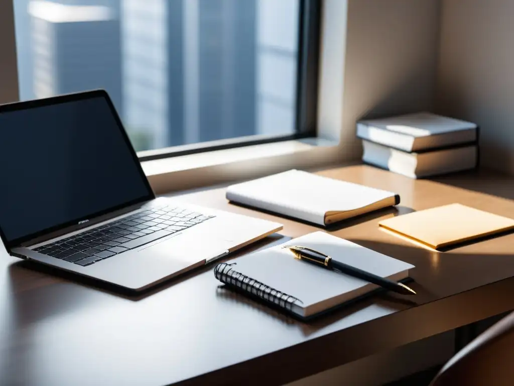 Un escritorio moderno minimalista con laptop, reloj y notas manuscritas