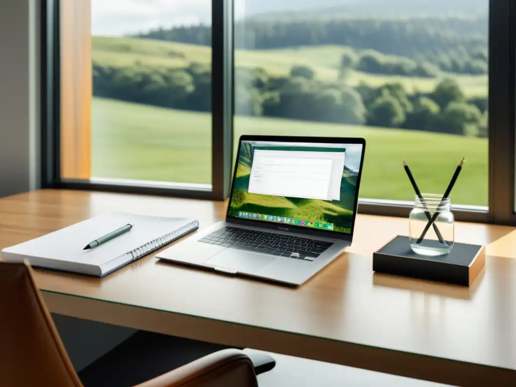 Un escritorio moderno y minimalista con laptop, bloc de notas y lápiz, bañado por luz natural y vista a un tranquilo paisaje verde