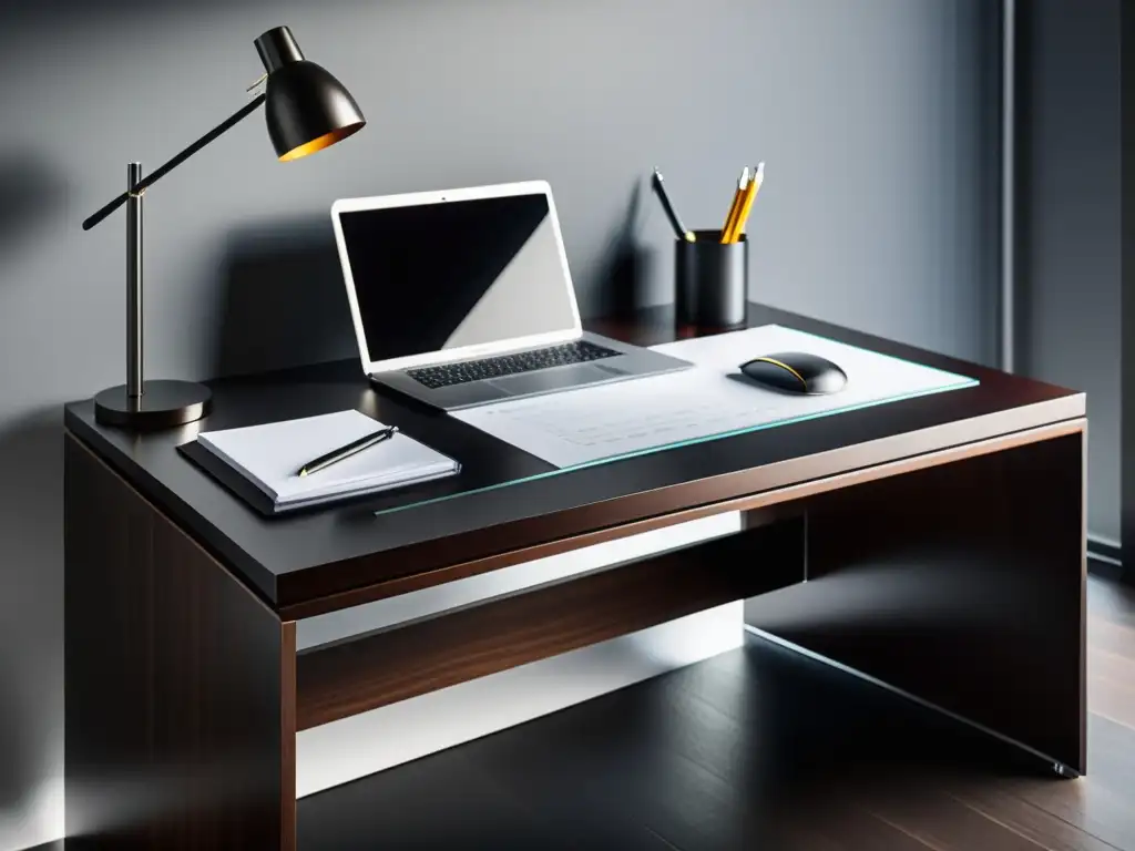 Escritorio de oficina moderno y minimalista en madera oscura, con laptop de alta gama, gráfico y portalápices