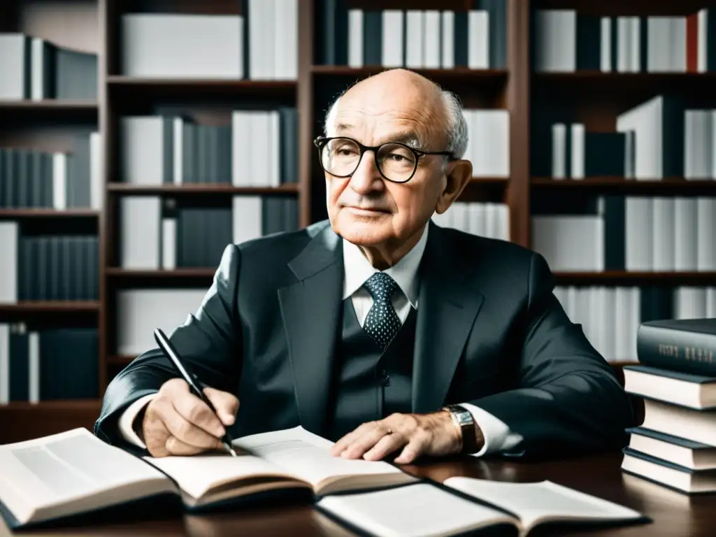 Milton Friedman reflexiona en su escritorio, rodeado de libros y gráficos económicos, listo para escribir