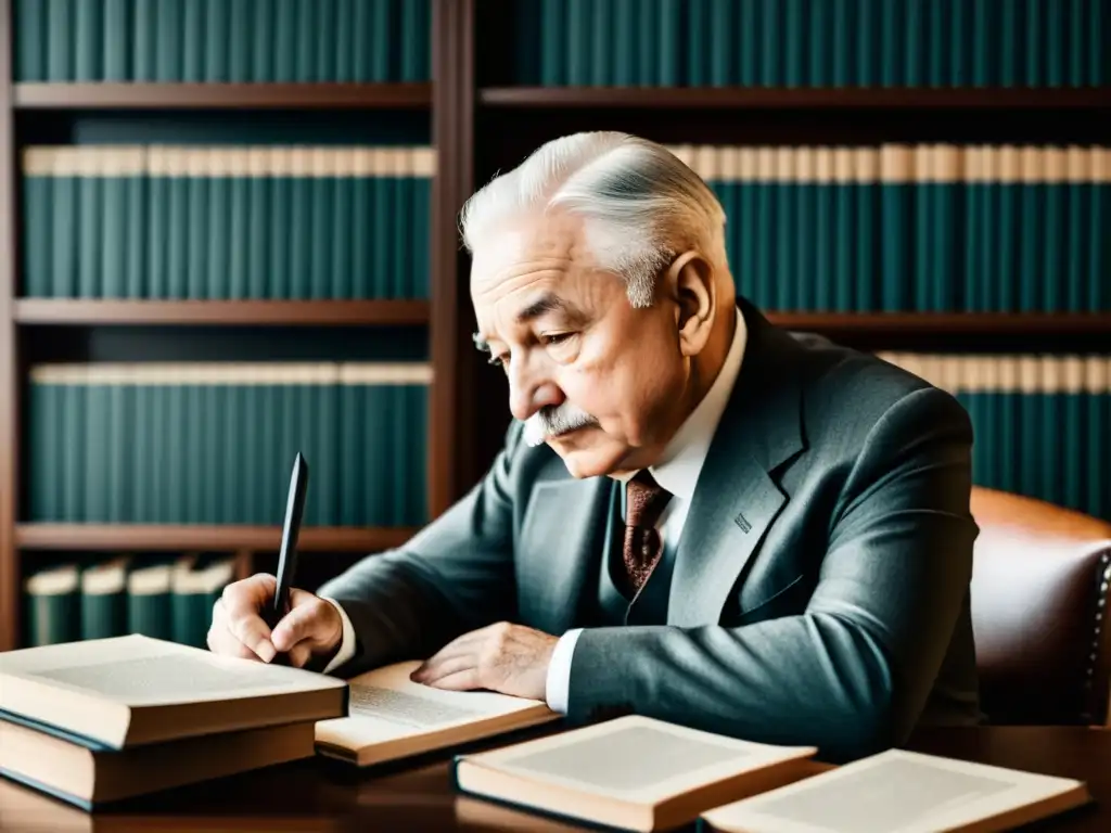 Ludwig von Mises reflexiona en su escritorio, rodeado de libros y papeles