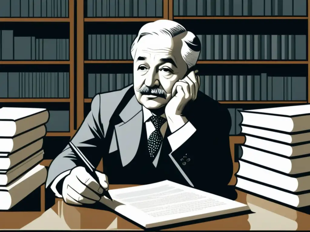 Ludwig von Mises reflexiona en su escritorio, rodeado de libros y papeles, destacando su aporte a la economía