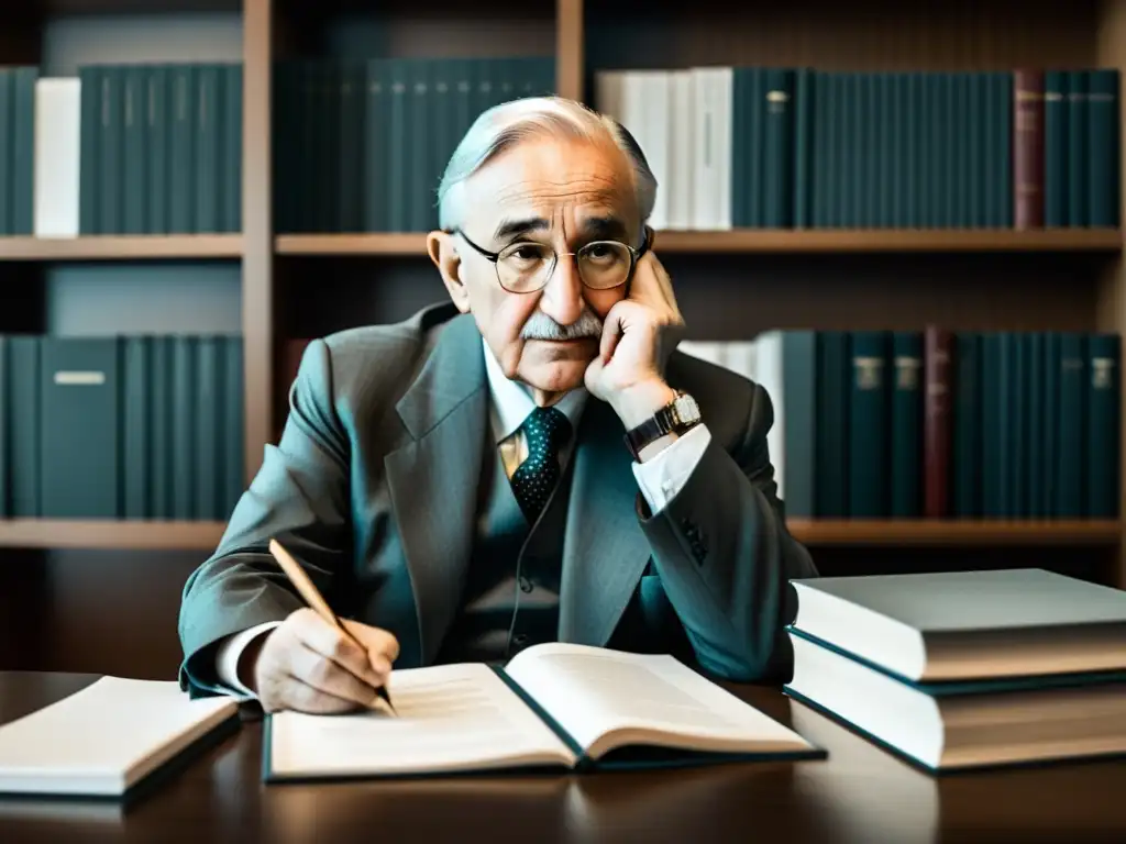 Friedrich Hayek reflexiona intensamente en su escritorio, rodeado de libros y papeles, capturando la esencia de sus enseñanzas sobre socialismo