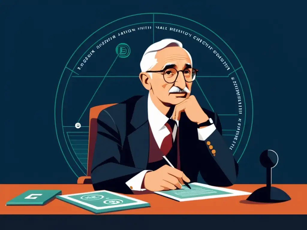 Friedrich Hayek reflexiona sobre criptomonedas Friedrich Hayek reflexiona en su escritorio sobre la aplicación de las teorías de la Escuela Austriaca en el mundo de las criptomonedas