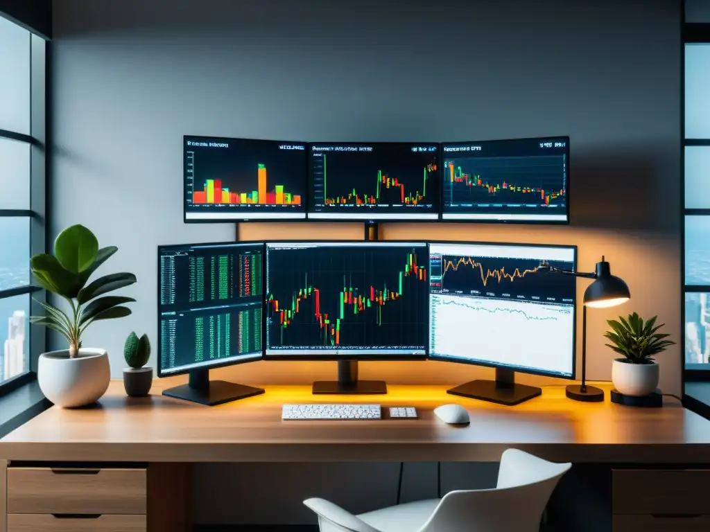 Un escritorio de trading minimalista bañado en luz natural, con una computadora moderna y monitores de gráficos financieros