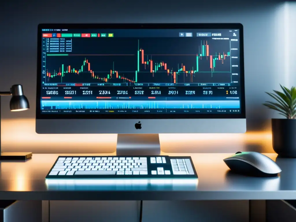 Un escritorio de trading moderno y minimalista con iluminación suave y análisis de ciclos de negocios austriaco en pantalla