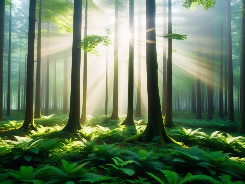 Bosque sereno: luz filtrada entre árboles exuberantes Escuela Austriaca y medio ambiente: Bosque exuberante con luz solar filtrándose entre las hojas, creando sombras en el suelo