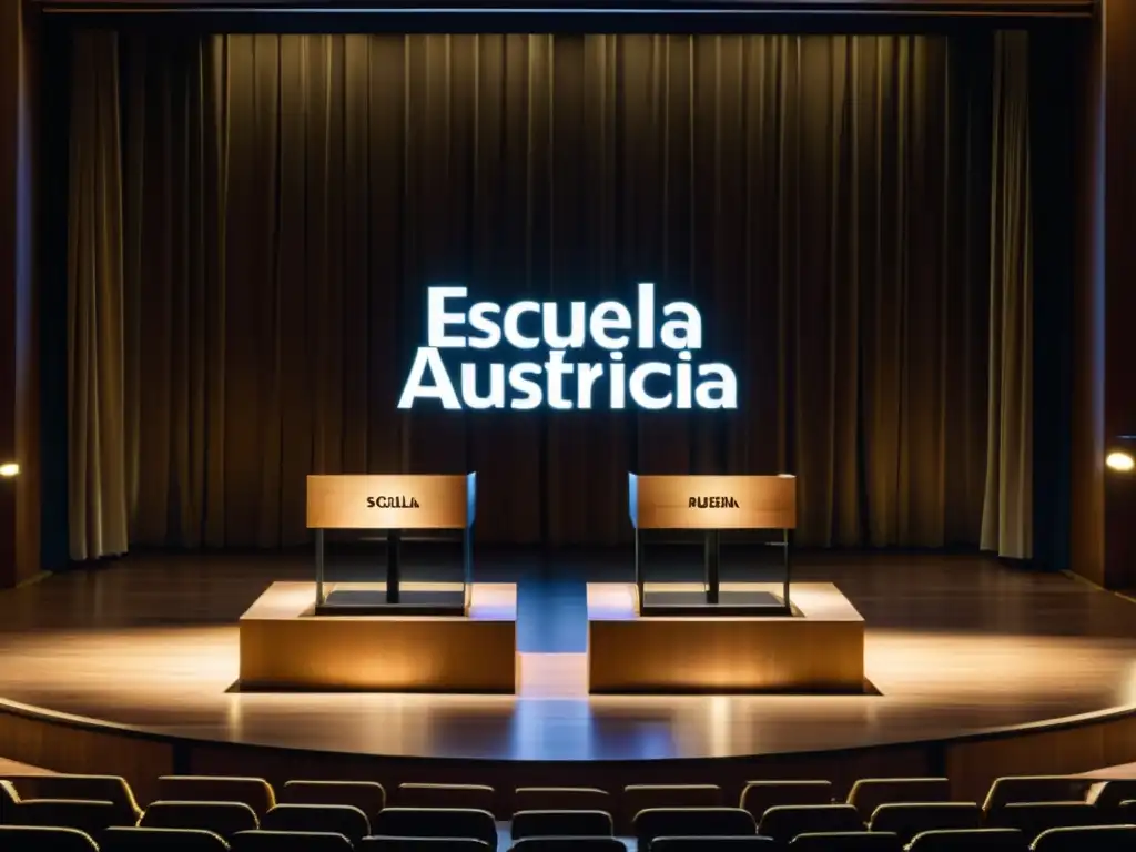 Escuela Austriaca vs Nueva Economía Keynesiana: debate contemporáneo en un auditorio iluminado, con podios enfrentados y atmósfera de anticipación