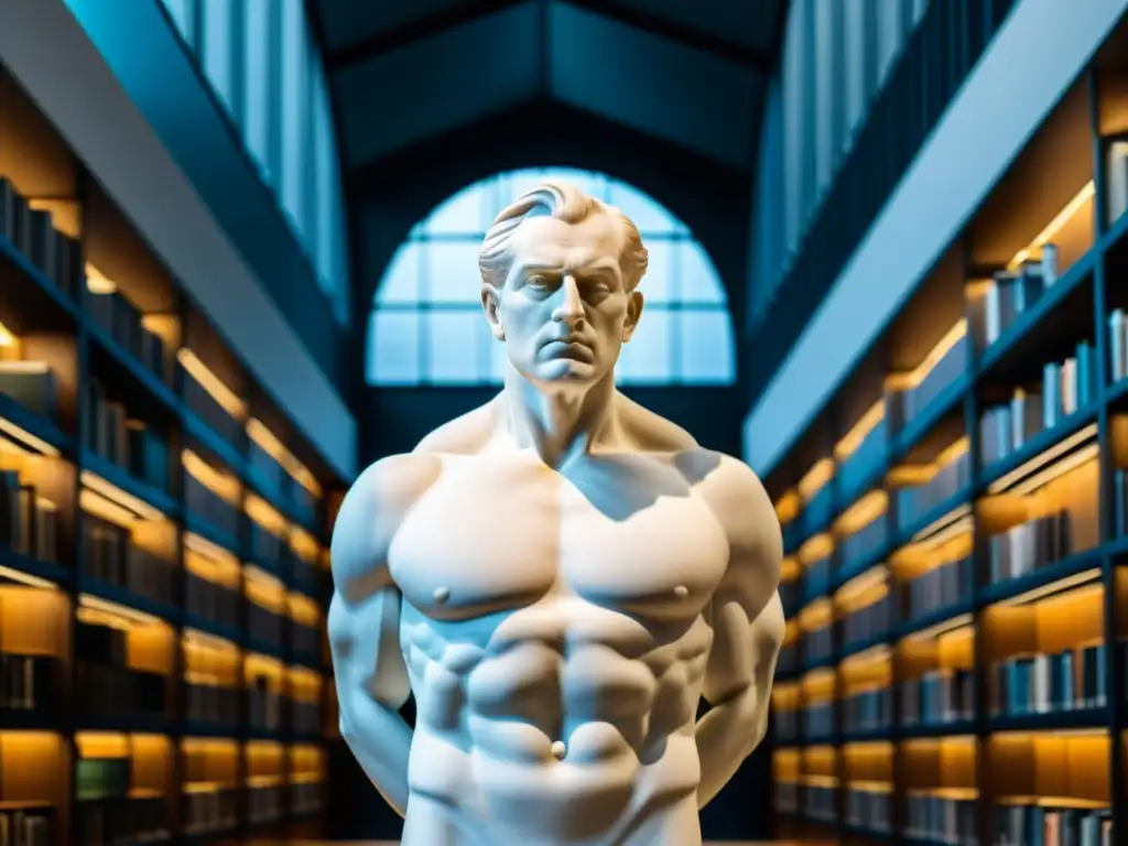 Escultura de mármol blanco de Eugen von Böhm-Bawerk en biblioteca moderna