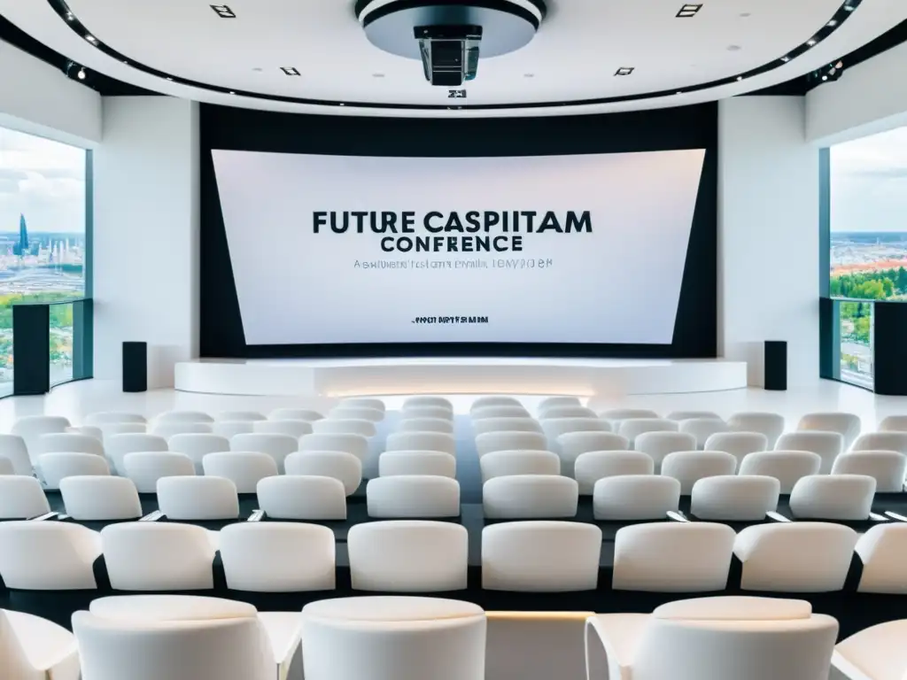 Espacio de conferencias sobre el futuro del capitalismo austriaco en una sala futurista con vista a la ciudad y un escenario minimalista