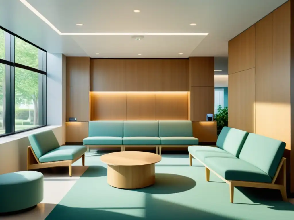 Un espacio hospitalario minimalista y acogedor, con mobiliario moderno y colores tranquilos, evocando eficiencia y cuidado al paciente