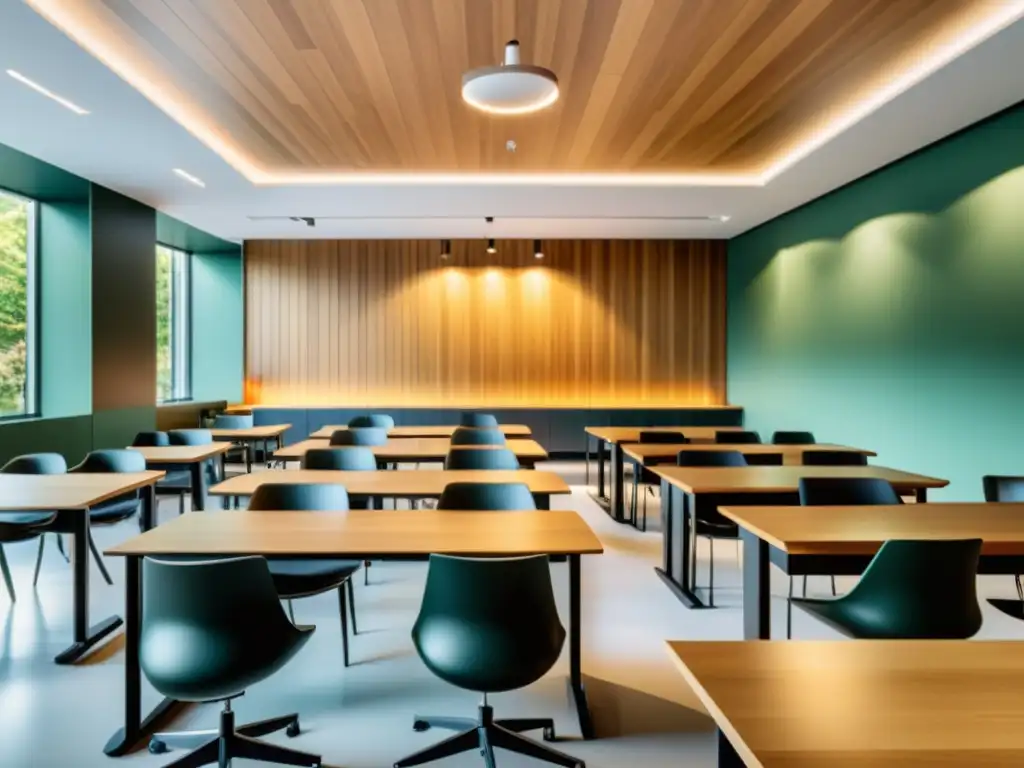 Espacio moderno y sereno de la escuela austriaca, con diseño elegante y mural de principios económicos