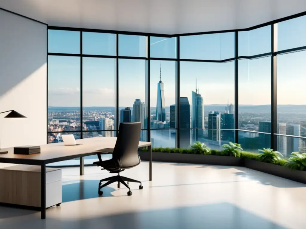 Espacio de oficina moderno con vista a la ciudad, bañado en luz natural