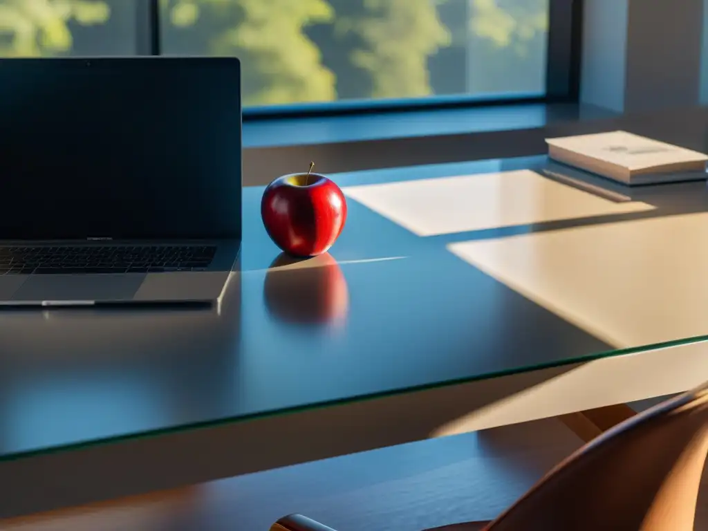 Un espacio de trabajo minimalista con computadora, libros y una manzana roja