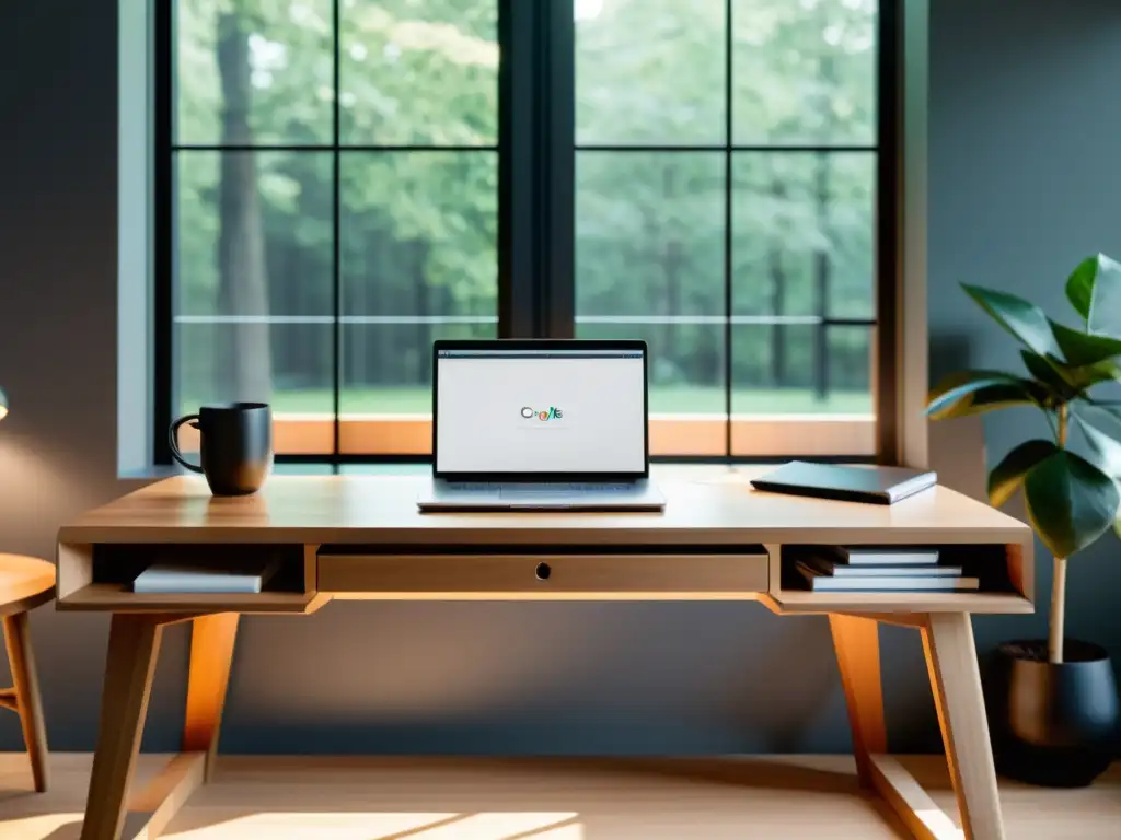 Un espacio de trabajo minimalista con un escritorio de madera, una laptop moderna y luz natural